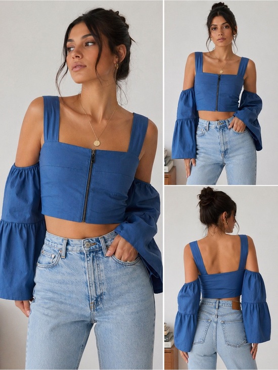 A.L.C. Tops - A.L.C. Blue Structured Crop Top Bell Sleeve NWT Size Petite